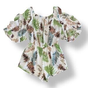 Umgee‎ Cream Off Shoulder Ruffle Sleeve Tropical Print Short Romper Size Large